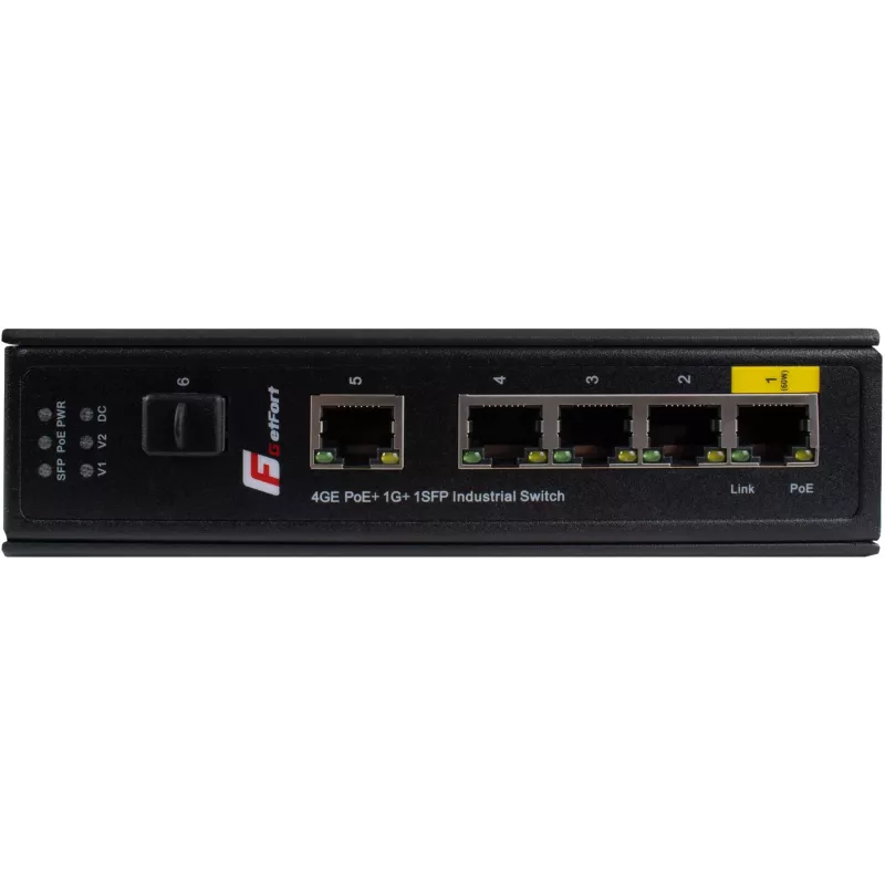 GETFORT GF-110-4PG-1G-1S Switch Industrial PoE+, 4x PoE+ 10/100/1000Base-T + 1x 10/100/1000Base-T + 1x 1000Base-X SFP, -40°C a 80°C, Calha DIN, Orçamento PoE 65W
