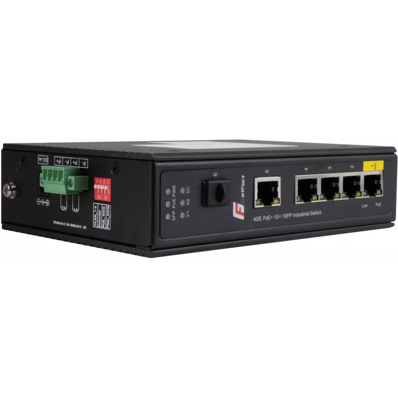 GETFORT GF-110-4PG-1G-1S Switch Industrial PoE+, 4x PoE+ 10/100/1000Base-T + 1x 10/100/1000Base-T + 1x 1000Base-X SFP, -40°C a 80°C, Calha DIN, Orçamento PoE 65W