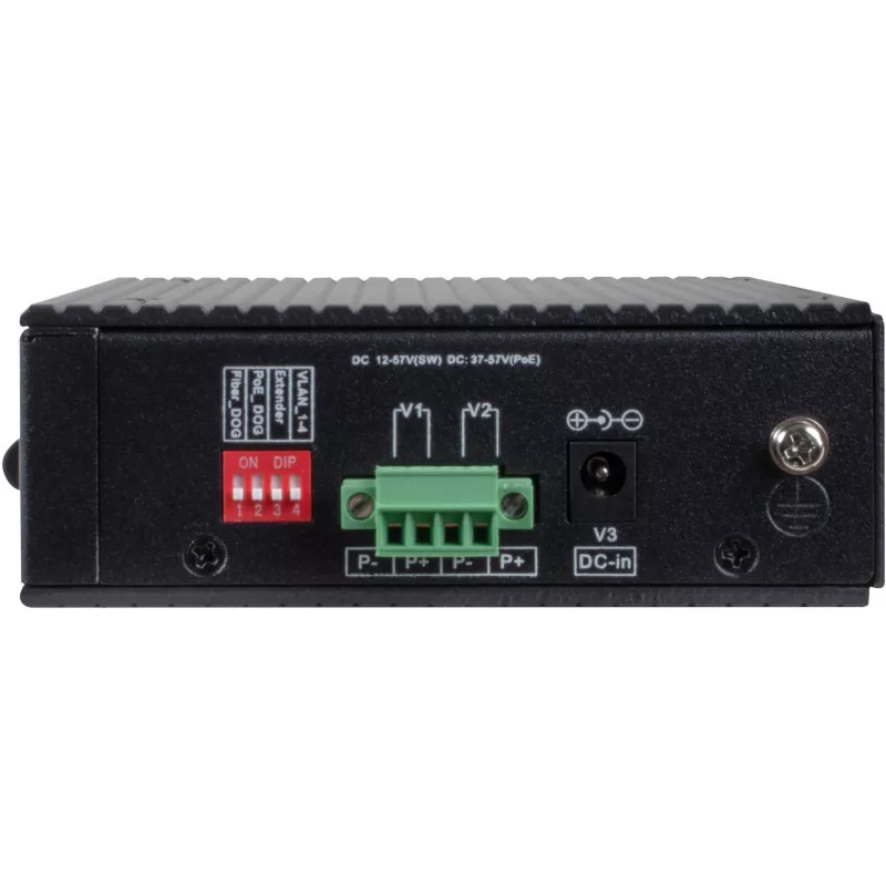 GETFORT GF-110-4PG-1G-1S Switch Industrial PoE+, 4x PoE+ 10/100/1000Base-T + 1x 10/100/1000Base-T + 1x 1000Base-X SFP, -40°C a 80°C, Calha DIN, Orçamento PoE 65W