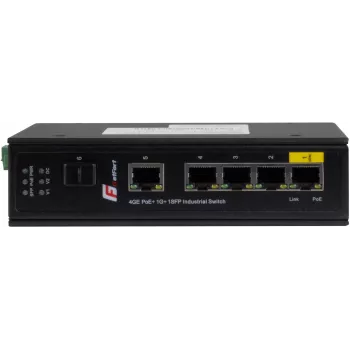GETFORT GF-110-4PG-1G-1S Switch Industrial PoE+, 4x PoE+ 10/100/1000Base-T + 1x 10/100/1000Base-T + 1x 1000Base-X SFP, -40°C a 80°C, Calha DIN, Orçamento PoE 65W