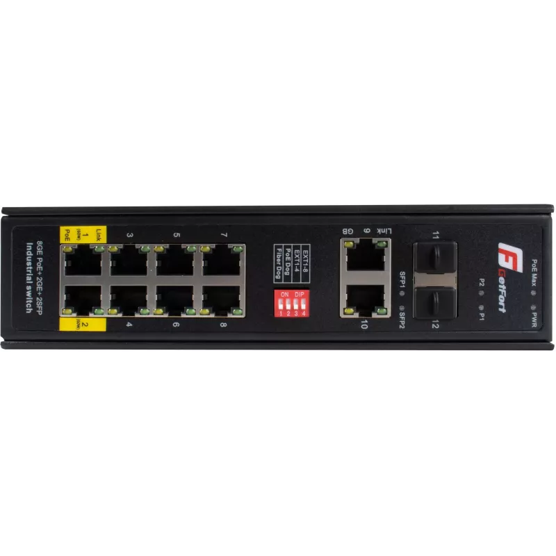 GETFORT GF-110-8PG-2G-2S Switch Industrial PoE+, 8x PoE+ Gigabit + 2x Gigabit + 2x SFP, -40°C a 80°C