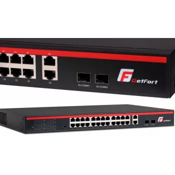 GETFORT GF-226G-24P-250 Switch PoE+ Não Gerido, 24x Portas 10/100Mbps PoE+, 2x Gigabit RJ45, 2x SFP, 250W, Montagem em Rack