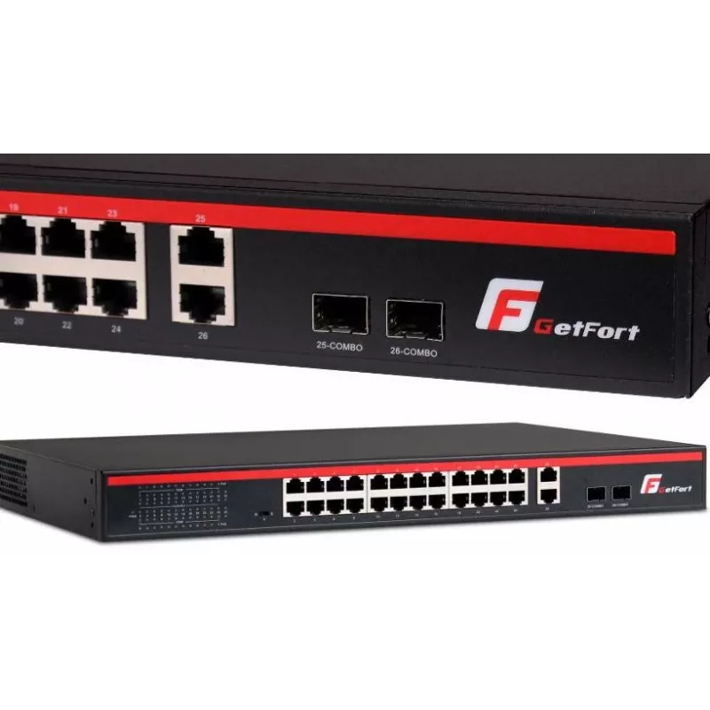 GETFORT GF-226G-24P-250 Switch PoE+ Não Gerido, 24x Portas 10/100Mbps PoE+, 2x Gigabit RJ45, 2x SFP, 250W, Montagem em Rack