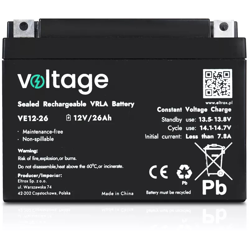 VOLTAGE Bateria AGM 12V 26Ah VE12-26 (6-9 anos de vida útil)