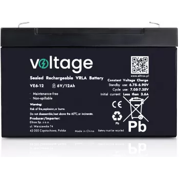 Bateria AGM VOLTAGE 6V 12Ah VE6-12 (6-9 anos de vida útil)