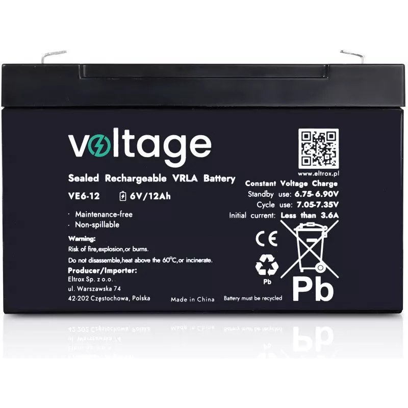 Bateria AGM VOLTAGE 6V 12Ah VE6-12 (6-9 anos de vida útil)