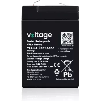 Bateria AGM VOLTAGE 6V 4,5Ah VE6-4.5 (6-9 anos de vida útil)
