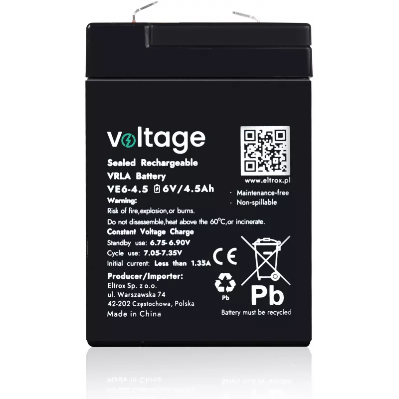 Bateria AGM VOLTAGE 6V 4,5Ah VE6-4.5 (6-9 anos de vida útil)