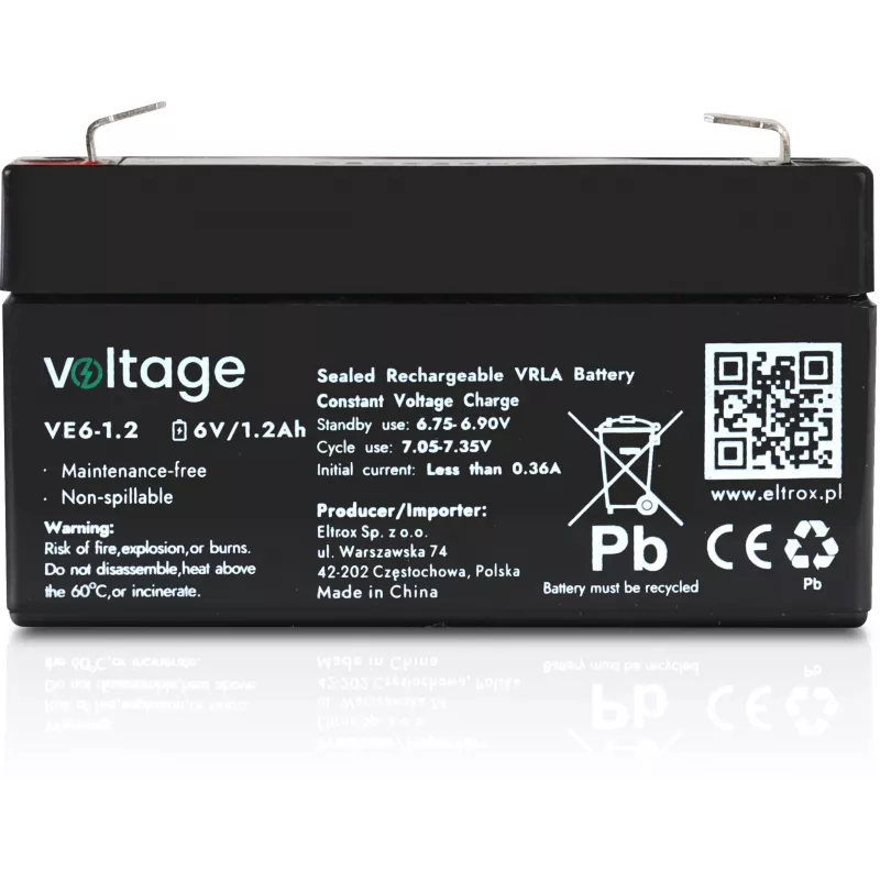Bateria AGM Voltage 6V 1,2Ah VE6-1.2 (vida útil de projeto 6-9 anos)