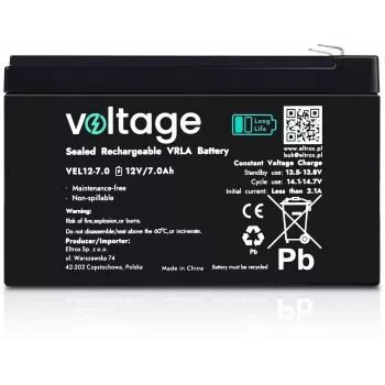 Bateria AGM Long Life Voltage 12V 7Ah VEL12-7.0 (15 anos de vida útil de projeto)