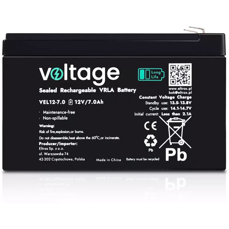 Bateria AGM Long Life Voltage 12V 7Ah VEL12-7.0 (15 anos de vida útil de projeto)