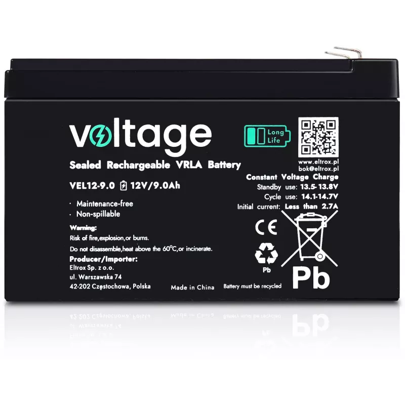 Bateria AGM Long Life Voltage 12V 9Ah VEL12-9.0 (15 anos de vida útil de projeto)