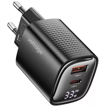 Voltage Carregador GaN Mini 33W PD 3.0 QC 3.0 USB-A USB-C Visor Digital Preto