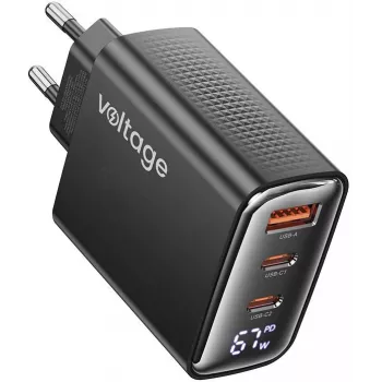 Carregador Voltage GaN 67W PD 3.0 QC 4.0 USB-A 2x USB-C com ecrã digital preto
