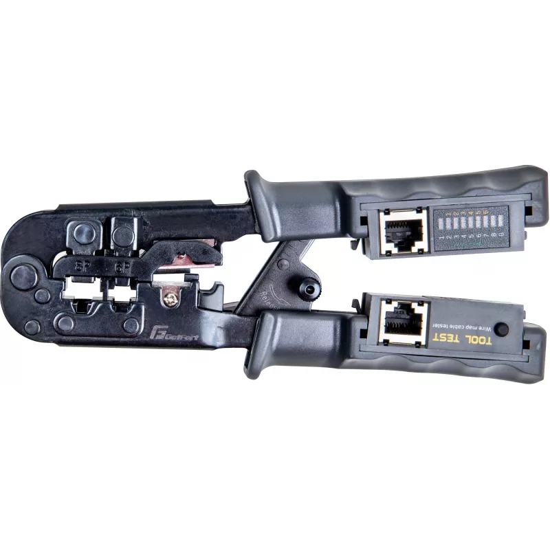 Alicate de cravar para cabos de rede Getfort 8P8C/RJ-45, 6P6C/RJ-12, 6P4C/RJ-11 com testador integrado
