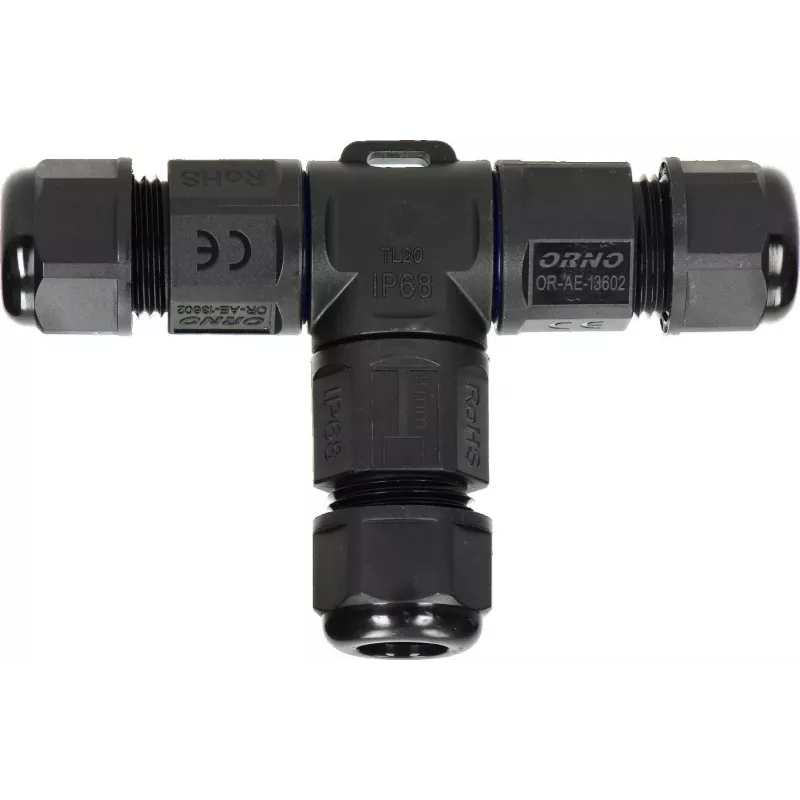 ORNO OR-AE-13602 Conector em T IP68, 3x4mm², 450V/25A, preto