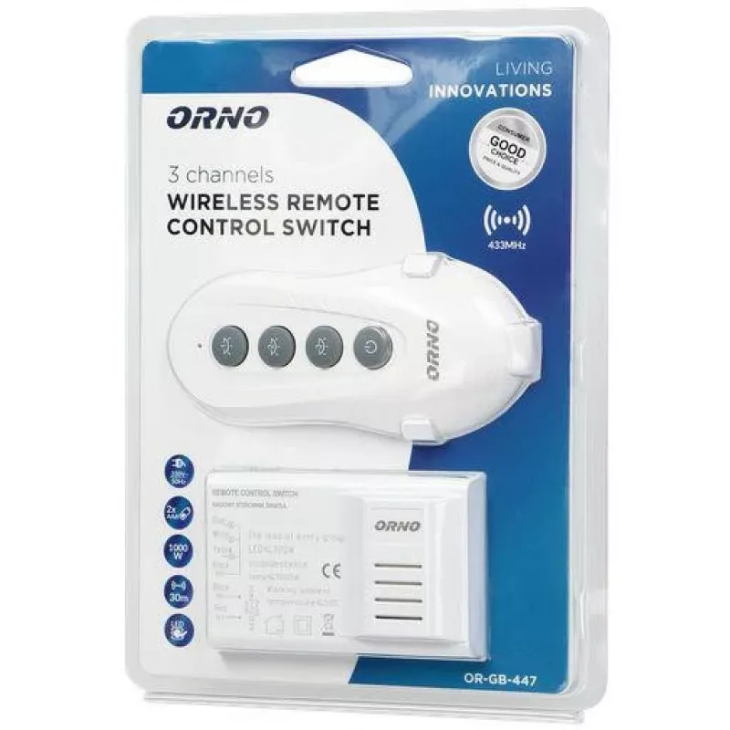 ORNO OR-GB-447 Controlador de luz sem fios conjunto de comando remoto 1 canal 433,92 MHz 1000W