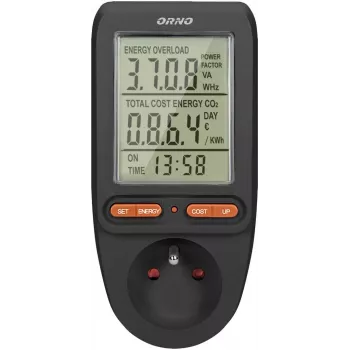 ORNO OR-WAT-435/B Medidor de custos de energia e consumo elétrico, 230V, 16A, ecrã LCD, preto