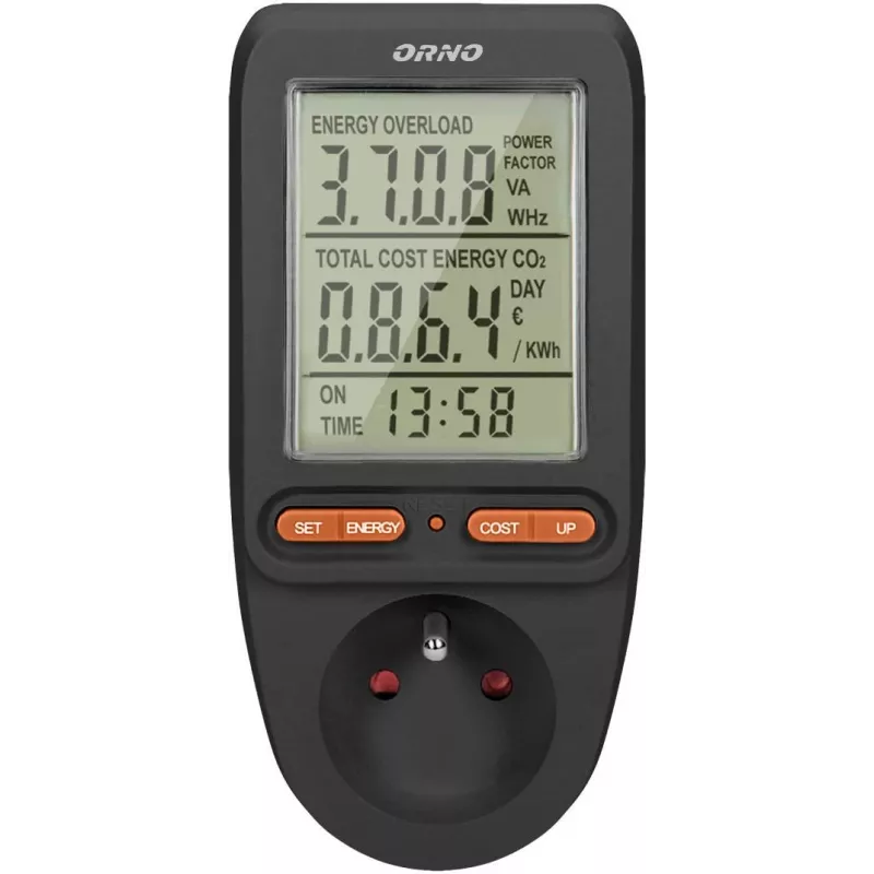 ORNO OR-WAT-435/B Medidor de custos de energia e consumo elétrico, 230V, 16A, ecrã LCD, preto