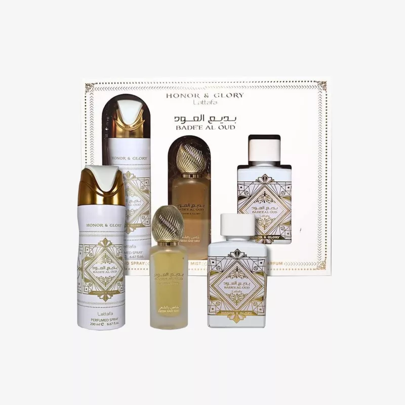 Lattafa Honor & Glory Badee Al Oud Eau de Parfum conjunto de presente - 100ml EDP + 200ml spray corporal perfumado + 300ml ambientador