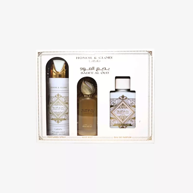 Lattafa Honor & Glory Badee Al Oud Eau de Parfum conjunto de presente - 100ml EDP + 200ml spray corporal perfumado + 300ml ambientador