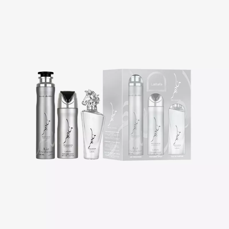Lattafa Maahir Legacy conjunto de oferta, EDP spray 100 ml + spray perfumado 200 ml + ambientador 300 ml