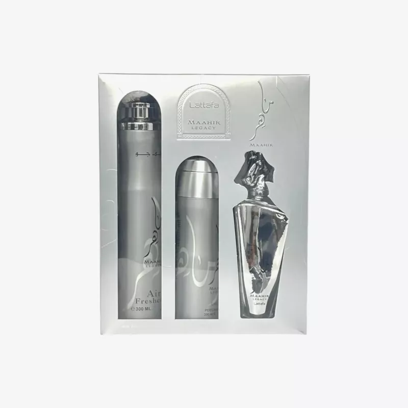 Lattafa Maahir Legacy conjunto de oferta, EDP spray 100 ml + spray perfumado 200 ml + ambientador 300 ml