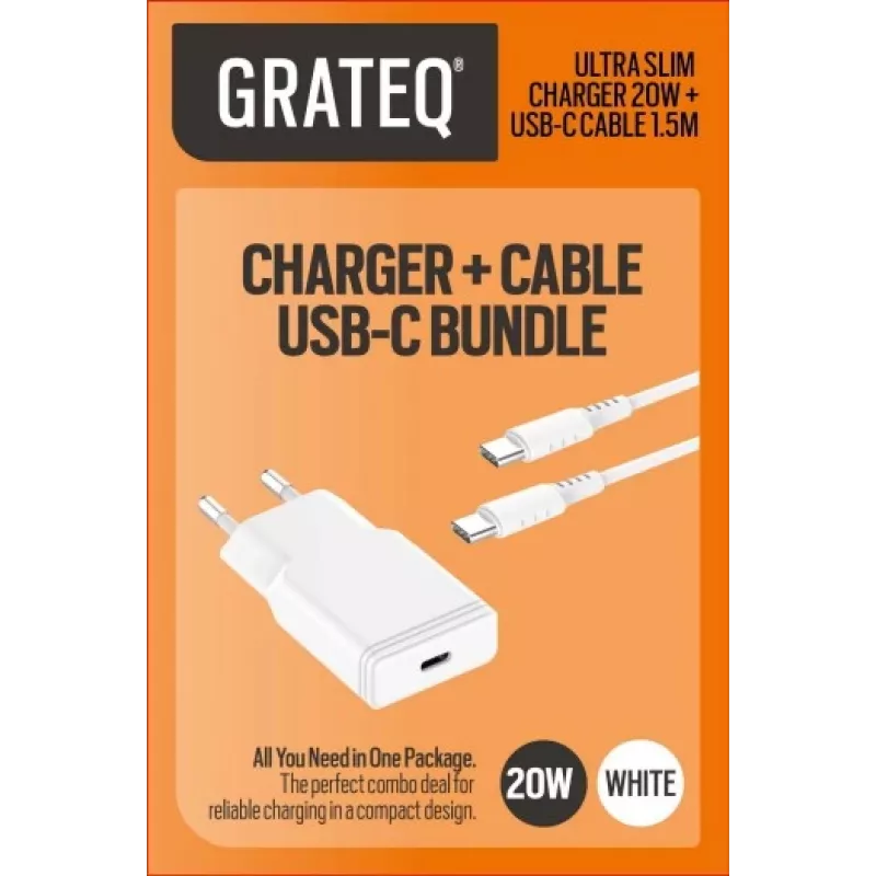 GRATEQ TAHKO 20W USB-C PD Carregador de parede com 1,5m cabo USB-C para Lightning, branco