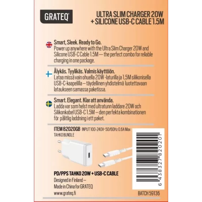GRATEQ TAHKO 20W USB-C PD Carregador de parede com 1,5m cabo USB-C para Lightning, branco