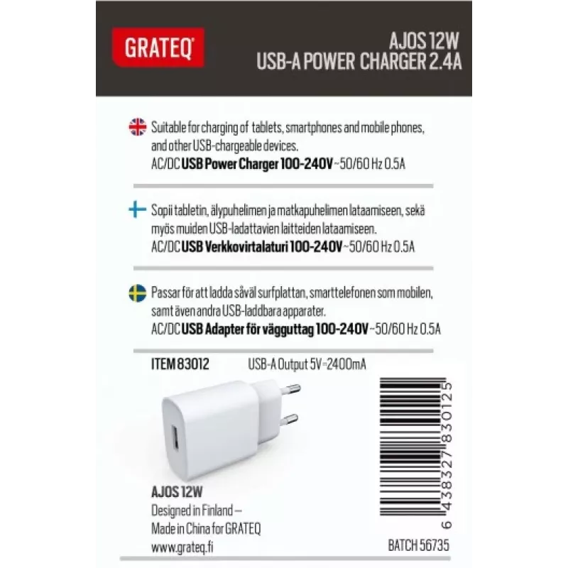GRATEQ AJOS Carregador USB-A 12W branco