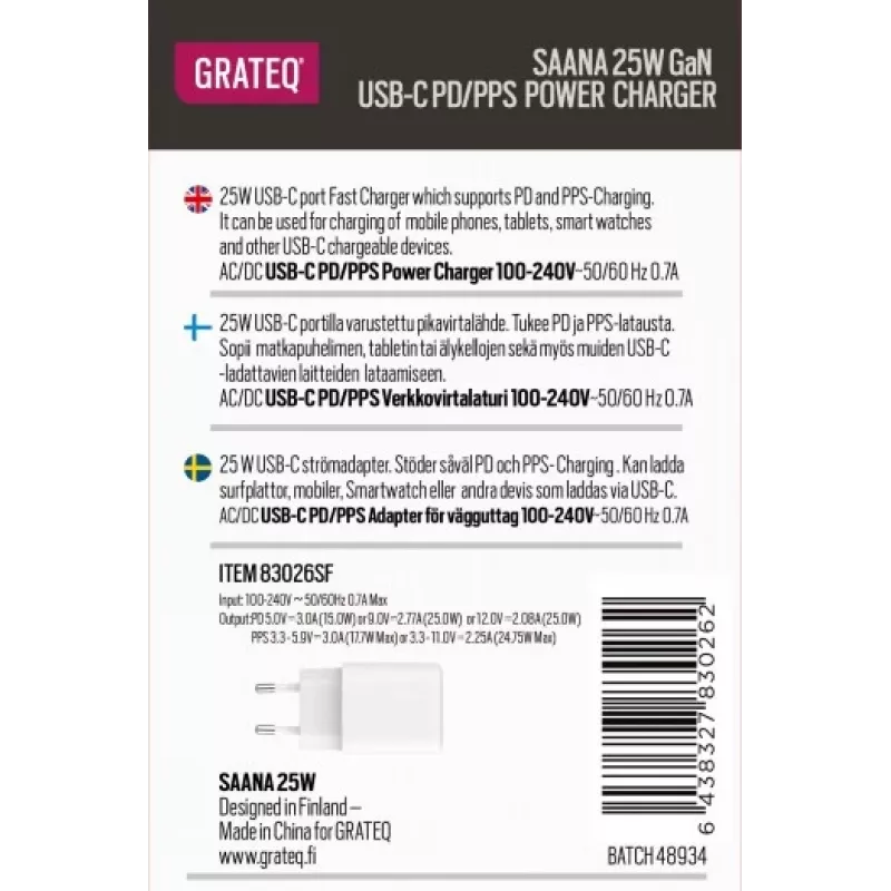 GRATEQ SAANA GaN USB-C 25W PD/PPS Carregador de parede branco