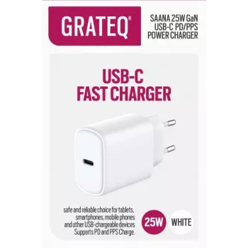 GRATEQ SAANA GaN USB-C 25W PD/PPS Carregador de parede branco