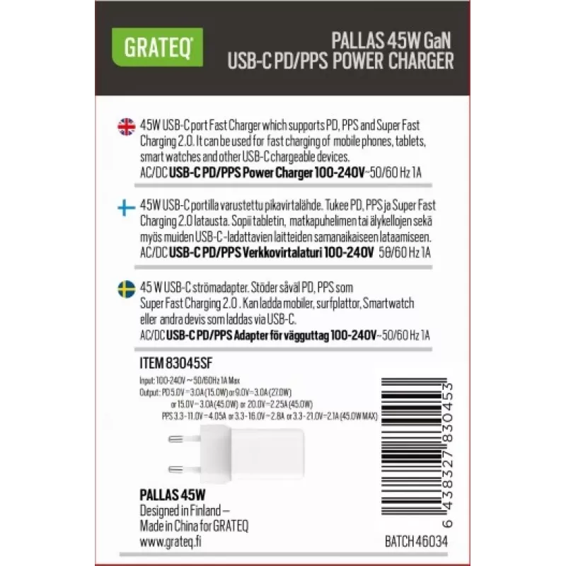 GRATEQ PALLAS GaN USB-C 45W Fonte de alimentação branco