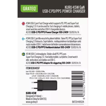 GRATEQ KURU GaN USB-C PD/PPS 45W Carregador de parede preto