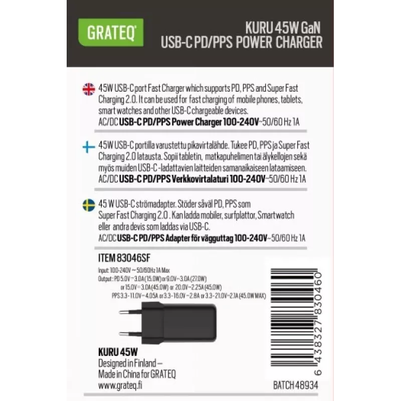 GRATEQ KURU GaN USB-C PD/PPS 45W Carregador de parede preto