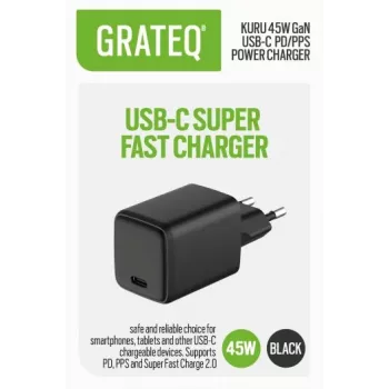 GRATEQ KURU GaN USB-C PD/PPS 45W Carregador de parede preto