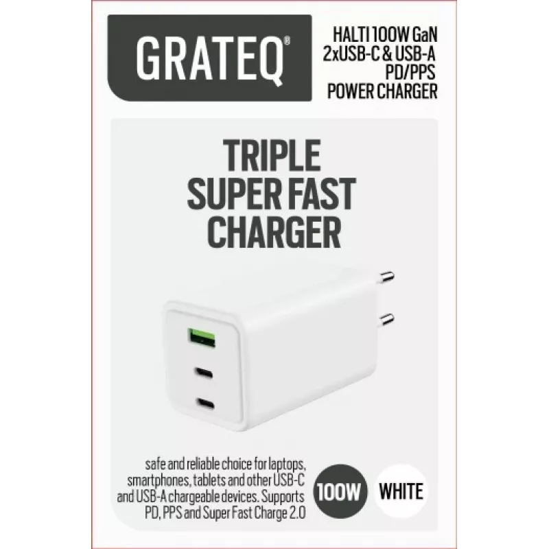GRATEQ HALTI GaN PD/PPS 2xUSB-C/1xUSB-A 100W Carregador de parede preto