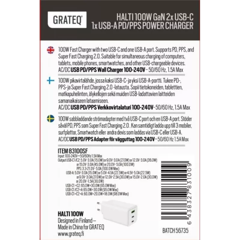 GRATEQ HALTI GaN PD/PPS 2xUSB-C/1xUSB-A 100W Carregador de parede preto