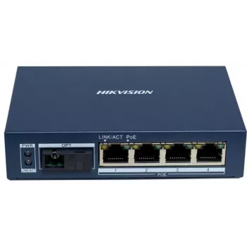 Hikvision DS-3D504TP-A Switch Industrial PoE Não Gerido, 4 Portas PoE+, 1 Uplink SFP, Orçamento 60W