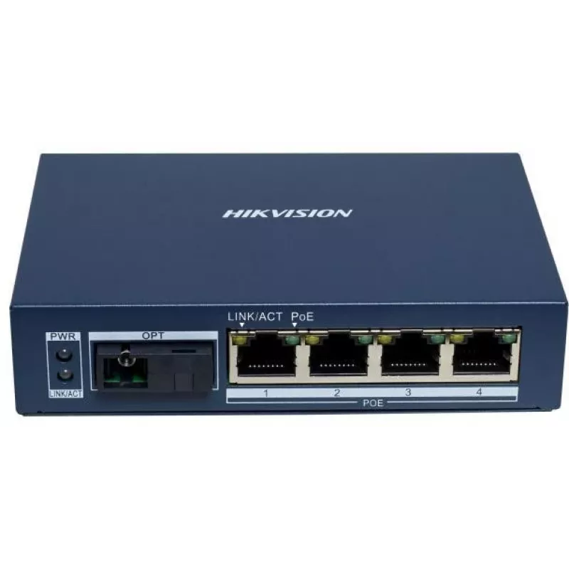 Hikvision DS-3D504TP-A Switch Industrial PoE Não Gerido, 4 Portas PoE+, 1 Uplink SFP, Orçamento 60W