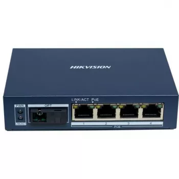 Hikvision DS-3D504TP-A Switch Industrial PoE Não Gerido, 4 Portas PoE+, 1 Uplink SFP, Orçamento 60W