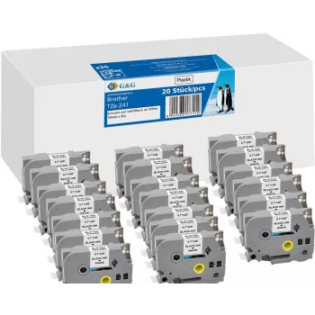 20x fita de etiquetas compatível G&G 18mm x 8m preto sobre branco para Brother TZe-241 (21570)