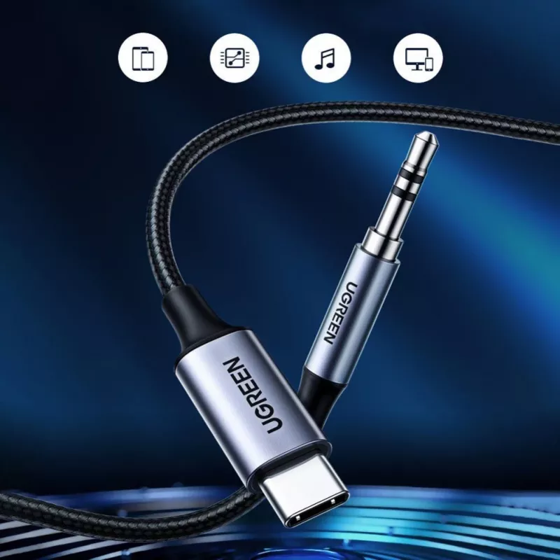 Cabo de áudio estéreo AUX UGREEN 3,5mm mini jack para USB Type-C 1m preto (CM450 20192)