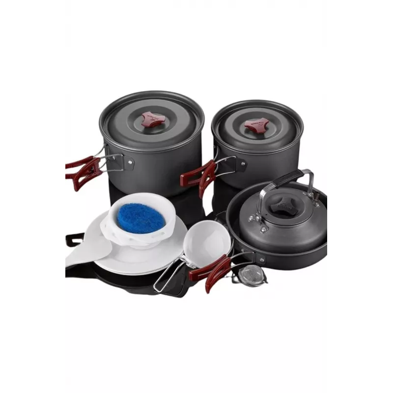FIREMAPLE Conjunto de panelas FMC-209 - Conjunto de cozinha de campismo de 9 peças com frigideira antiaderente, panelas, tigelas e saco de transporte em rede
