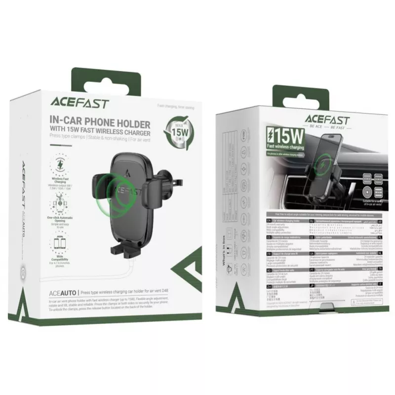 Acefast D48 Suporte para ventilação de automóvel com carregador sem fios preto