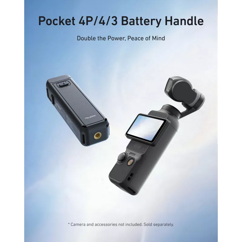 TELESIN Punho com bateria 5000mAh power bank para DJI Osmo Pocket 3 / 4, USB-C, Preto