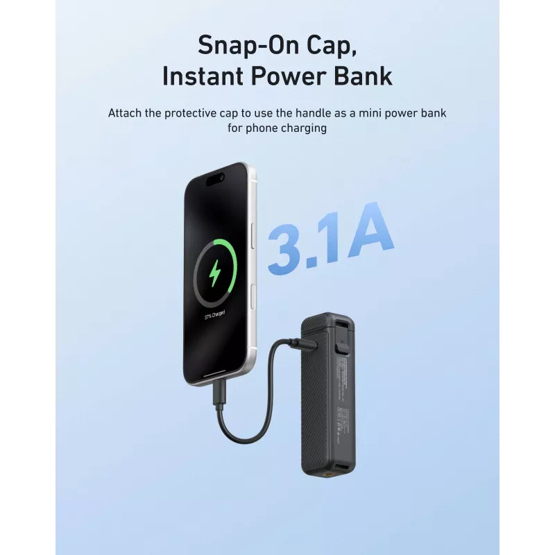 TELESIN Punho com bateria 5000mAh power bank para DJI Osmo Pocket 3 / 4, USB-C, Preto