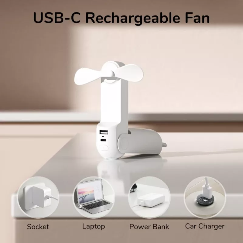JISULIFE Ventilador de mão 8 Branco portátil USB com power bank 2000mAh e lanterna