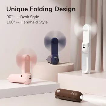 JISULIFE Ventilador de mão 8 Branco portátil USB com power bank 2000mAh e lanterna