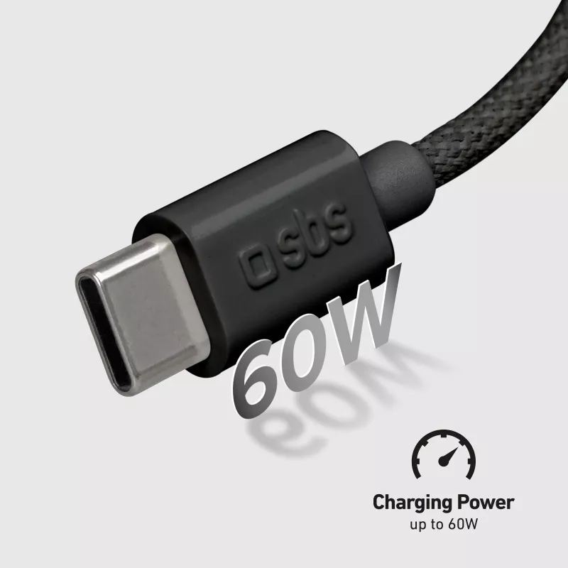 SBS TECABLETISSUETCCK Cabo USB-C para USB-C trançado 1,5 m 60 W PD carregamento rápido e sincronização de dados - Preto